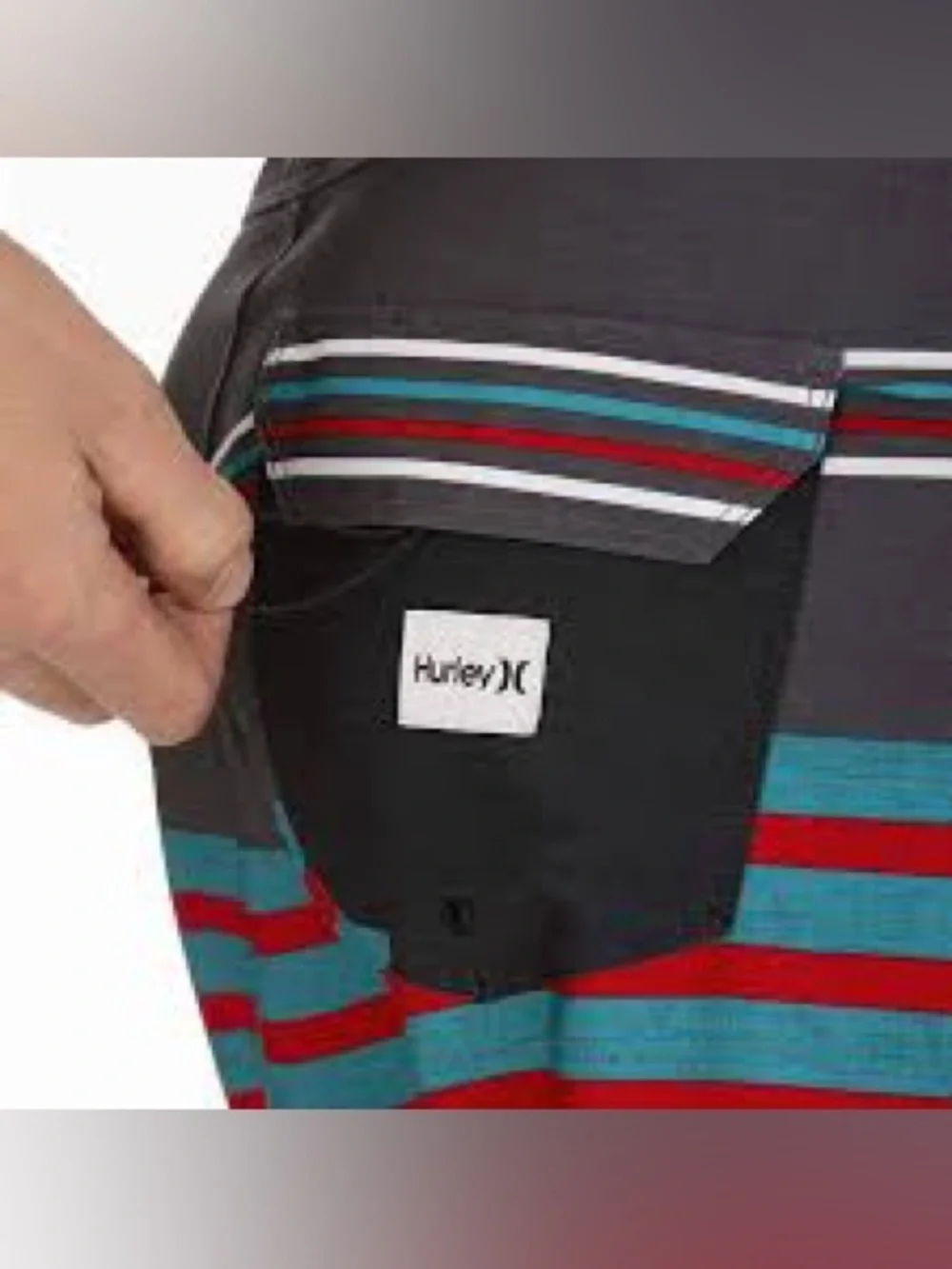 NWT Hurley Black Swim Trunk Board Trunks w/Teal Red White Stripes Size: 36